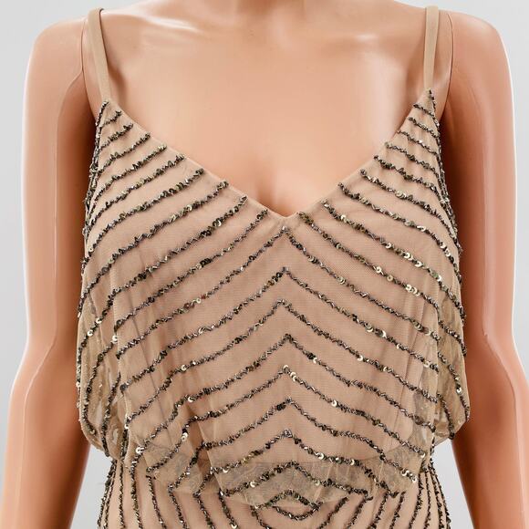 Adrianna Papell Nude Beaded Blouson Strappy Fancy Art Deco Cocktail Dress 6 - Picture 6 of 11